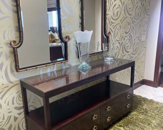 Vintage Hollywood Regency or Chinrossorie Metal faux Bamboo Mirrors, Hichory Char Console 