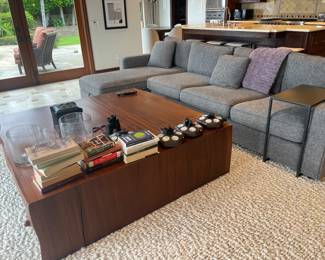 Live Edge Waterfall Coffee Table w/ Sectional sofa, wool heavy textured Area rug