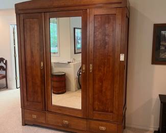 Art Deco Wardrobe - Solid Wood with Mirror and Drawers