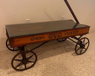 Vintage Spring Coaster Wagon - Antique Wooden Cart