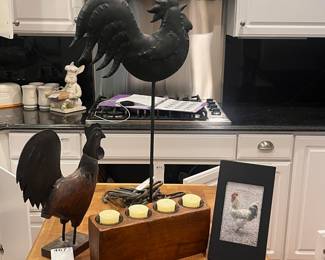 Rustic Farmhouse Decor Lot - Rooster Figurines and Candle Holder, Art