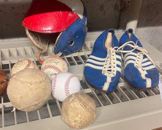 Vintage 1950s Sports Equipment Lot - Baseball Glove, Helmet, Shoes & Balls.