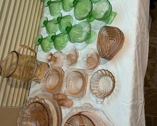 pink and green depression glass