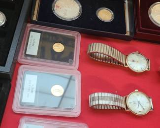 Two Buick retirement watches and assorted Gold coins
