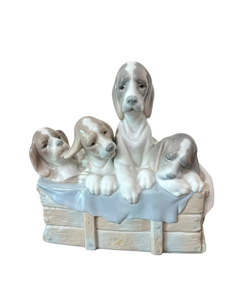 Lladro Dogs in Basket Figurine