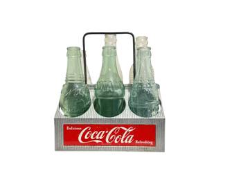 Vintage Coke 6 pack metal carrier with bottles