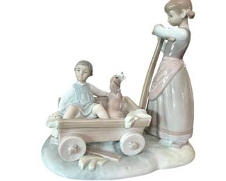 Lladro Girl Pulling boy and dog in wagon
