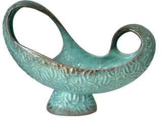 1950s California Modern Art Large Ceramic Center Bowl Gold Turquoise Bowl / Planter