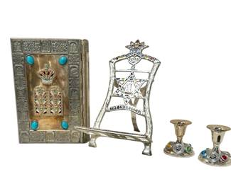 Vintage Siddur Avodat Jewish Prayer Book, Stand, & Candle Stick Holders