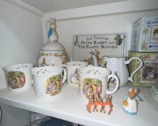 Royal Albert Beatrix Potter cups, cookie jar, tea pot