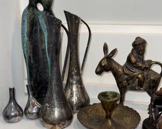 Silverplate pitchers, candle holders, vessels, figurines