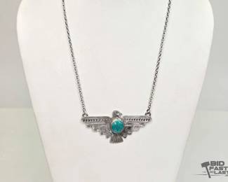 635 Handmade Native American Russell Sam Sterling Silver Turquoise Thunderbird Necklace, 22.48g