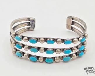 430 Handmade Native American Turquoise 3 Row Sterling Silver Cuff, 33g