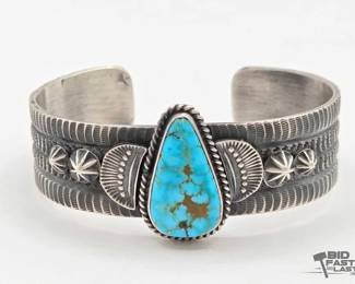 380 Handmade Native American Sterling Silver Turquoise Center Cuff, 45g