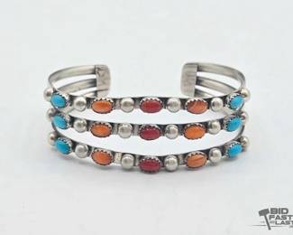 298 Handmade Native American Sterling Silver Multi Stone Cuff, 33.06g