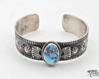 560 Handmade Native American Sterling Silver Turquoise Center Cuff, 44g