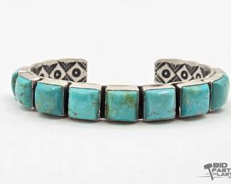 350 Handmade Native American Sterling Silver Square Stone Cuff, 36g