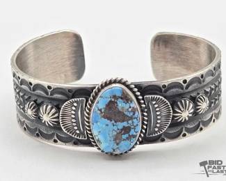 470 Handmade Native American Sterling Silver Turquoise Center Cuff, 47g
