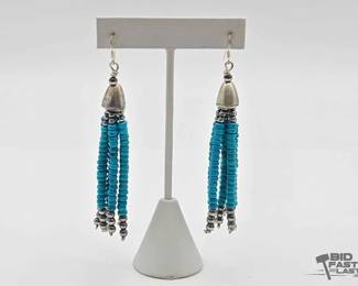 437 Handmade Native American Sterling Silver Turquoise Dangling Earrings, 27.08g