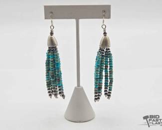 467 Handmade Native American Sterling Silver Turquoise Dangling Earrings, 24.36g