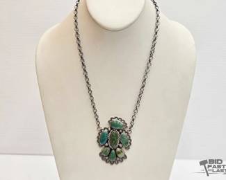 280 Charles Johnso Native American Sterling Silver Turquoise Necklace, 46.60g