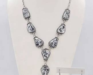 310 M. Spencer Native American White Buffalo Lariat Necklace and Earring Set, 119g