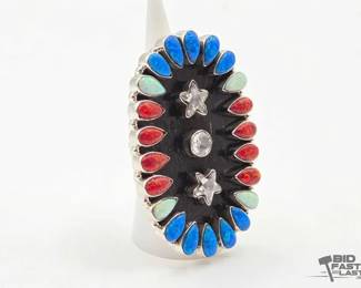 340 Sterling Silver Red White Blue Patriotic Ring with Adjustable Band, 28g