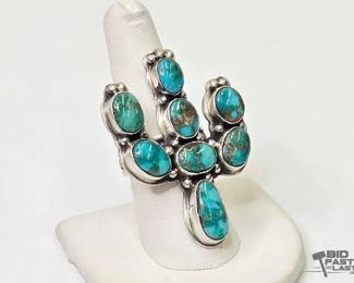 625 Handmade Native American Omer Thompson Sterling Silver Turquoise Cactus Ring , 23.80g