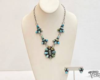 275 J.M. Native American Sterling Silver Turquoise Cluster Set, 74.74g