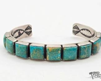 365 Leroy JamesHandmade Native American Sterling Silver Square Stone Cuff, 34g