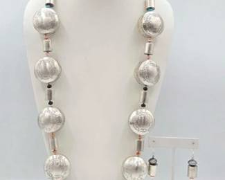 315 Handmade Native American Sterling Silver Round Bead Necklace and Earring Set, 149g