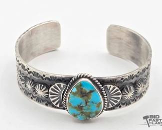 445 Handmade Native American Sterling Silver Turquoise Center Cuff, 47g