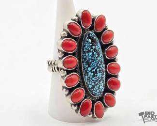 355 Handmade Native American Sterling Silver Coral Turquoise Ring with Adjustable Band, 27g