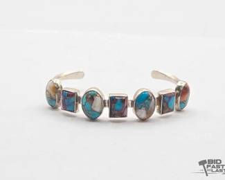 312 Handmade Native American Sterling Silver Turquoise and Spiney Oyster Cuff, 21.37g