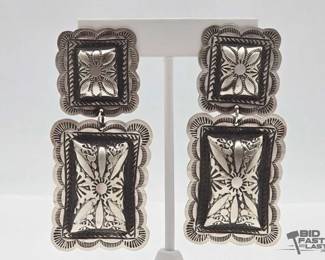 427 Handmade Native American Sterling Silver 2 Tier Concho Earrings, 26g