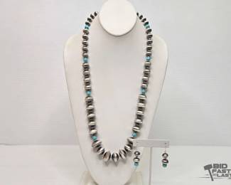 595 Handmade Native American Sterling Silver Turquoise Navajo Pearl Set, 85.04g