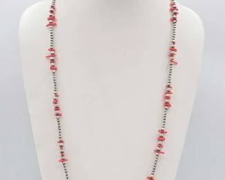 500 Native American Sterling Silver Coral Necklace, 20g