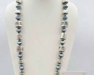 325 Handmade Native American Sterling Silver Navajo Pearl Necklace and Earring Set, 106g