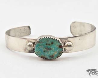 590 Handmade Native American Sterling Silver Dainty Turquoise Cuff, 21g