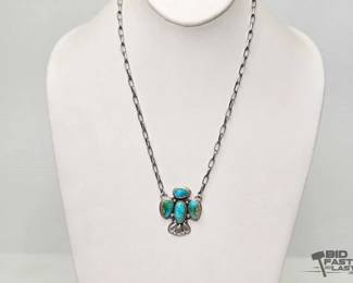 605 Handmade Native American Emer Thompson Sterling Silver Turquoise Necklace, 24.00g