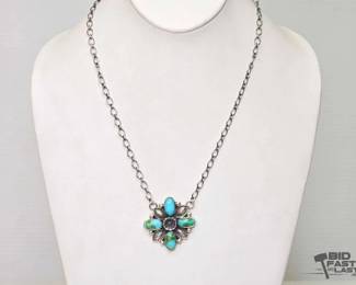 600 Handmade Native American Charles Johnson Sterling Silver Turquoise Necklace, 23.61g