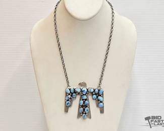 260 Russell Sam Handmade Thunderbird Sterling Silver Turquoise Necklace, 68.44g