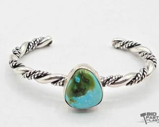 450 Handmade Native American Sterling Silver Twisted Turquoise Cuff, 23g