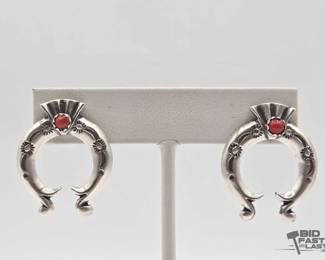 460 Handmade Native American Sterling Silver Naja Earrings with Coral Accent, 11g