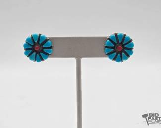 588 Handmade Native American Sterling Silver Turquoise and Coral Earrings, 5.21g