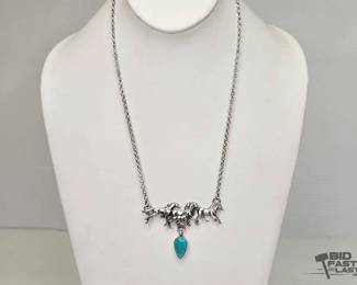 640 Handmade Native American Running Horses Turquoise Sterling Silver Necklace, 19.35g