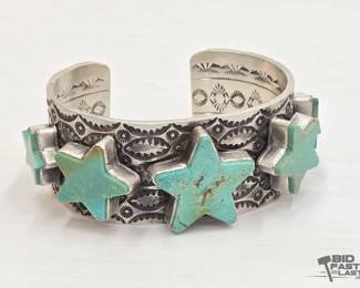 265 Leroy James Native American Handmade Turquoise Sterling Silver Statement Cuff, 106.44g