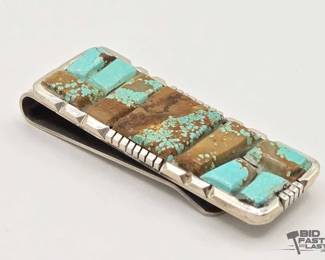 575 Native American Sterling Silver Turquoise Money Clip, 21g