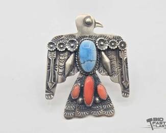 234 Handmade Sterling Silver Turquoise and Coral Thunderbird Ring, 51.35g