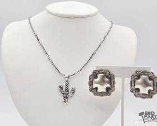 540 Handmade Sterling Silver Cactus Pendant Earrings, 13g